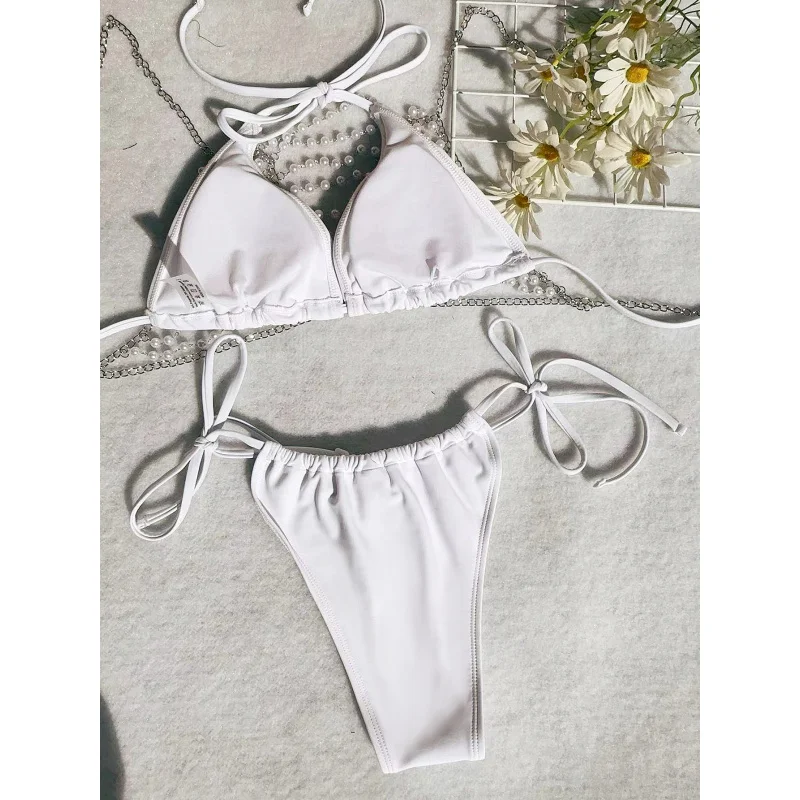 New Hot-Selling Pearl Chain Halter Tie Bikini Sexy Swimsuit White Women's Swimwear High-End