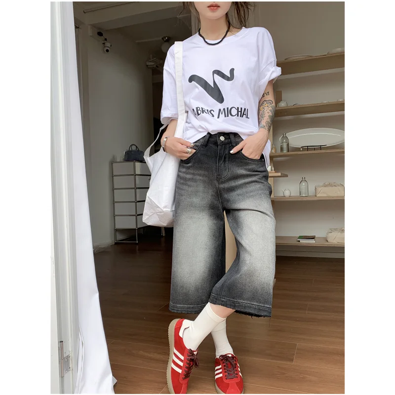 

Blue Women's Shorts Jeans High Waist Straight Pants Streetwear Black Vintage Female Wide Leg Denim Five Points Boyfriend Trouser