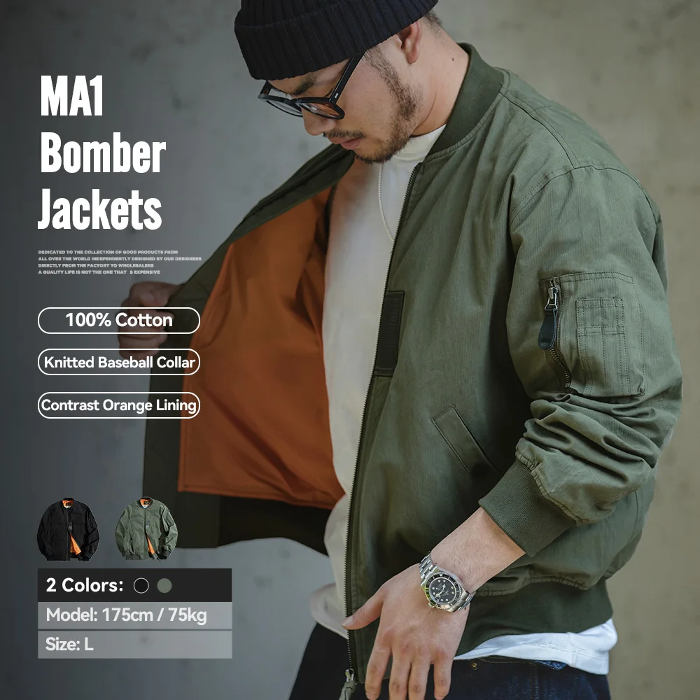 Maden Retro MA1 Bomber Flight Jackets Zielona wiatroodporna kurtka pilotka Casual motocyklowa kurtka baseballowa dla mężczyzn na wiosnę i jesień