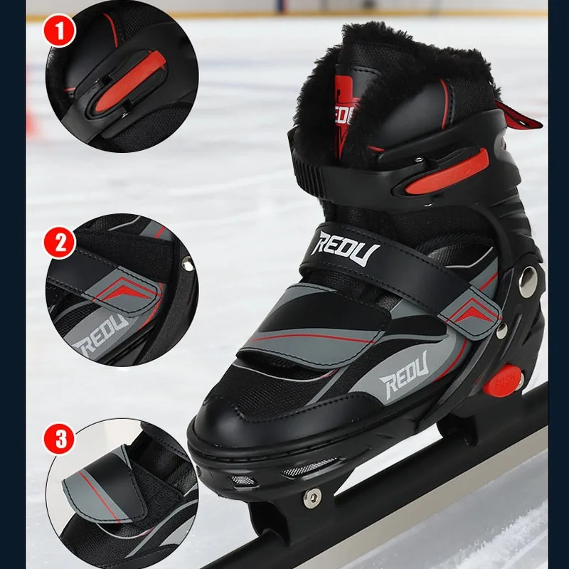 Warm Fleece Lined Speed Ice Skating Shoes Adjustable Size Ice Skates for Kids Adults Hard Shell Support Ice Skate Boots Winter