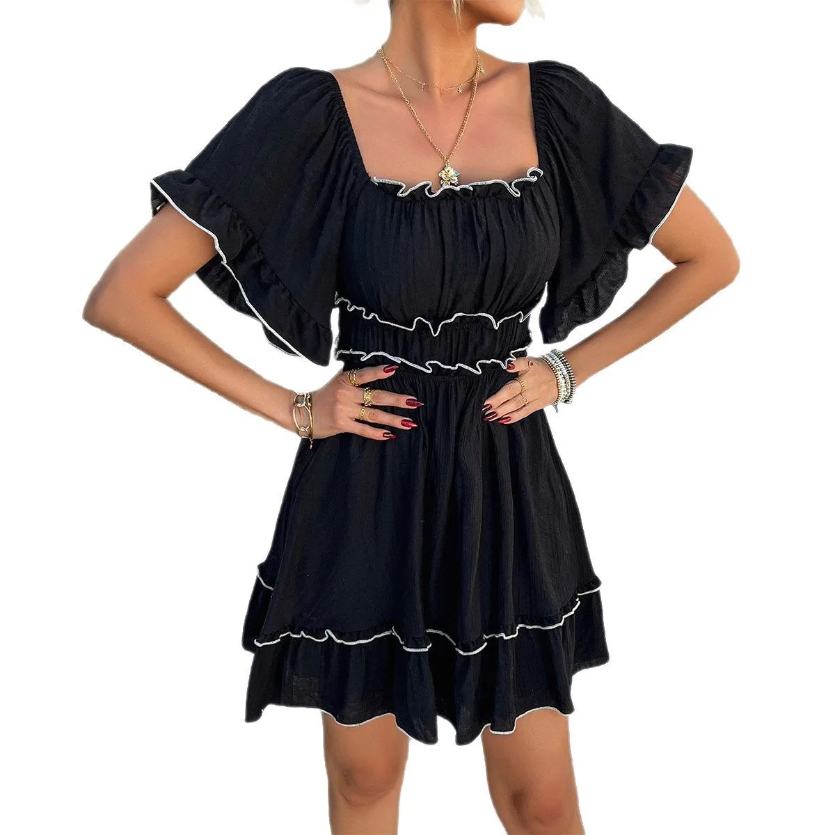 Hohe Qualität Heißer Verkauf Großhandel 2025, Casual Einfarbig Pilz Rand Kurzarm Kleid frauen Kurze Kleid Vestidos Vintage