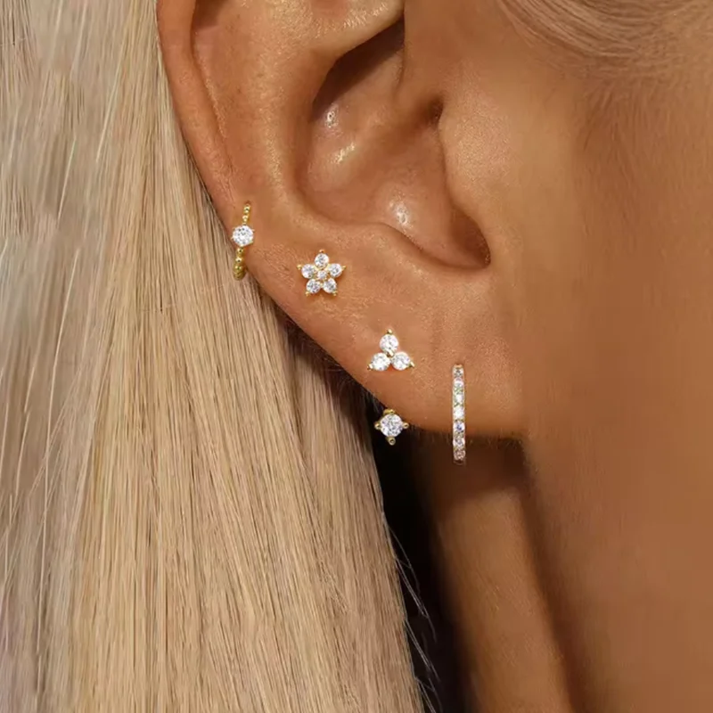 4PCS Mode Zirkon Runde Hoop Ohrring Set Frauen Temperament Blume Ohr Stud Huggie Ohrring Tragus Piercing Knorpel Schmuck