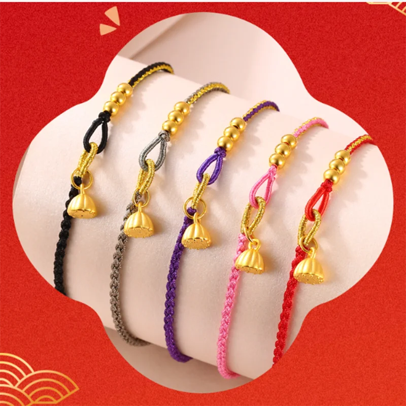 1PCS Pure 999 Real 24K Yellow Gold Bracelet For Women 3D Lotus Color String Knitted Bracelets 6.5inch Length