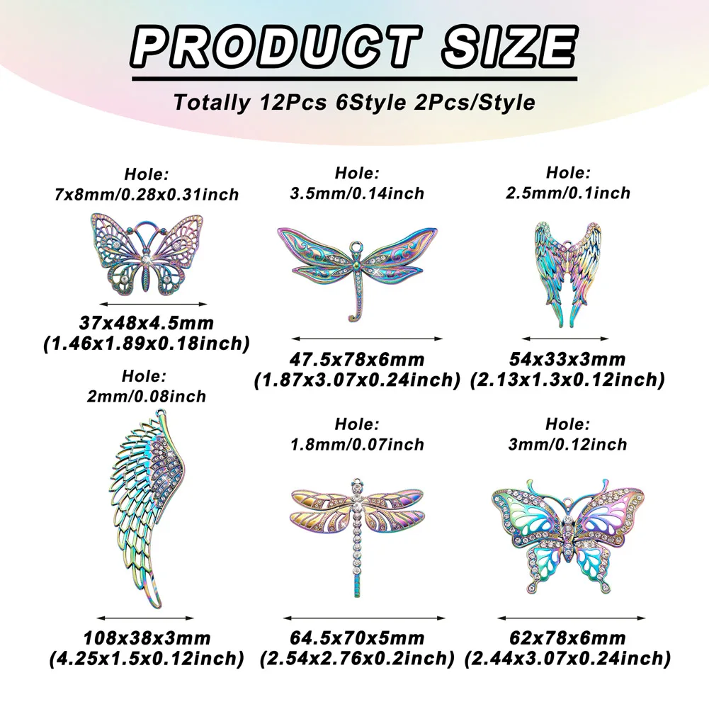 Kissitty 12Pcs Dragonfly Wing Butterfly Rack Plating Rainbow Color Alloy Big Pendants with Crystal Rhinestone for Jewelry Making