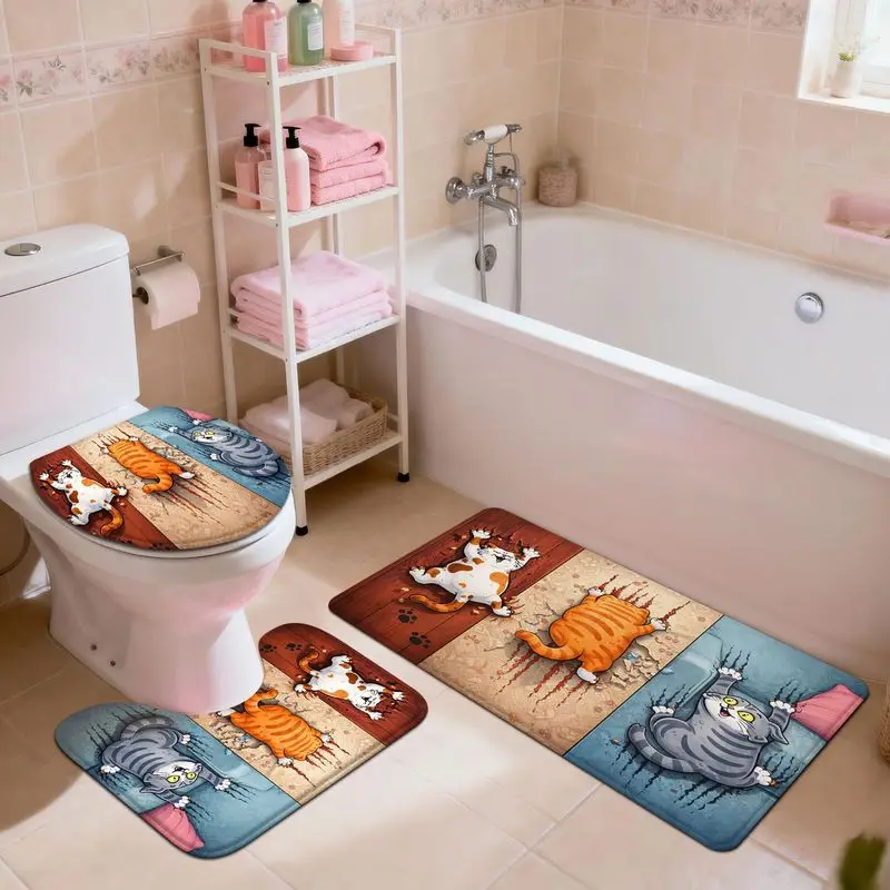 VIKAMA Lustiges Katzen-Kratz-Badezimmerteppich-Set, 3-teilig, bedruckt, rutschfeste Badematte, Toilettenbezug für Badezimmer, Haustier-Kawaii-Deko