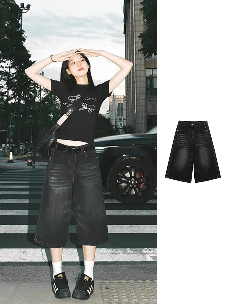 Summer Y2k Style Black Baggy Denim Shorts Women Loose Wide Leg Short Fashion High Waist Wash Knee Length Jeans Female