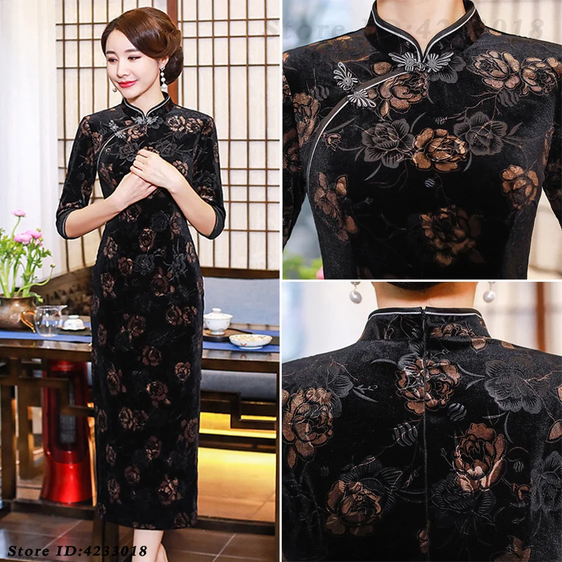 New Chinese Style Mom Qipao Autumn Winter Velvet Long Cheongsam Traditional Mandarin Collar Dress Women Large Size 5XL Vestidos