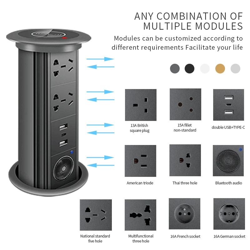 Intelligent lifting socket EU German and Korean electric kitchen table top island embedded intelligent wireless charging waterp