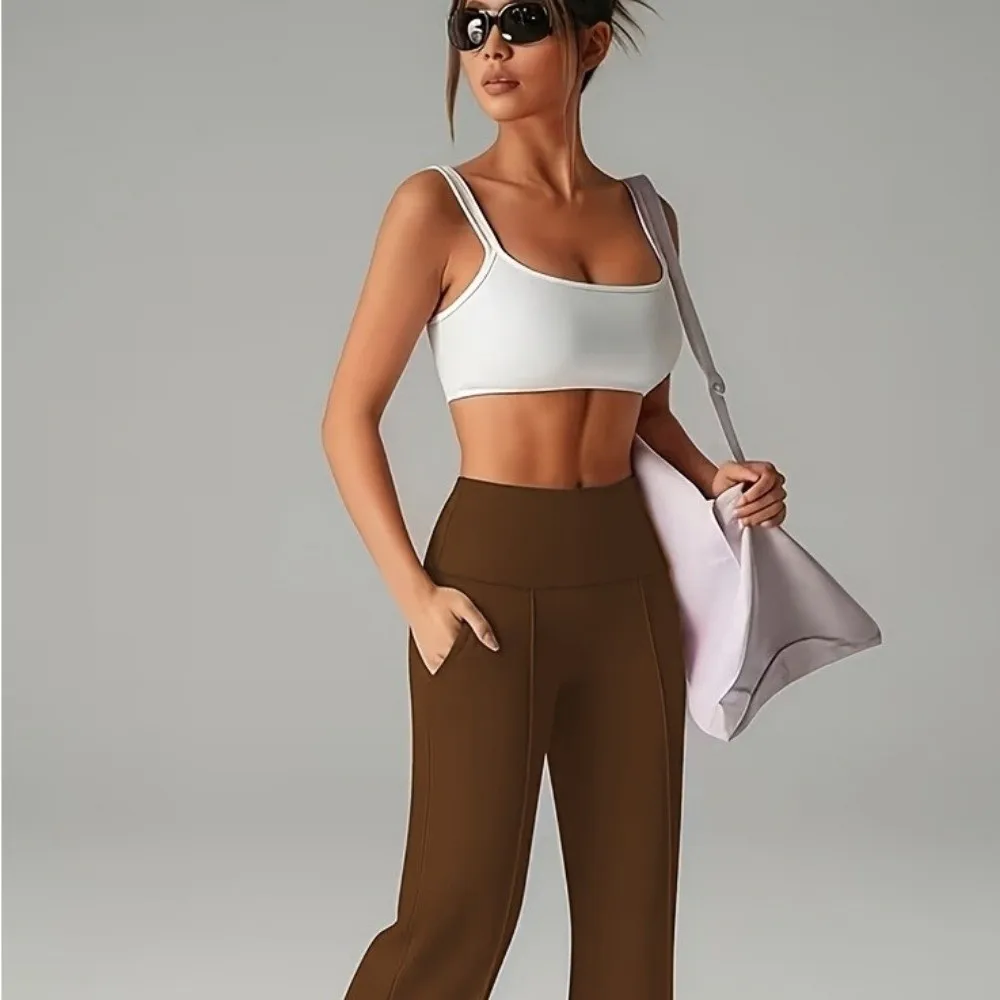 Leisure Loose Straight Wide-Leg Pants Wide Leg High Waisted Stretch Trousers With Pockets Athletic High-Waist Leggings Running