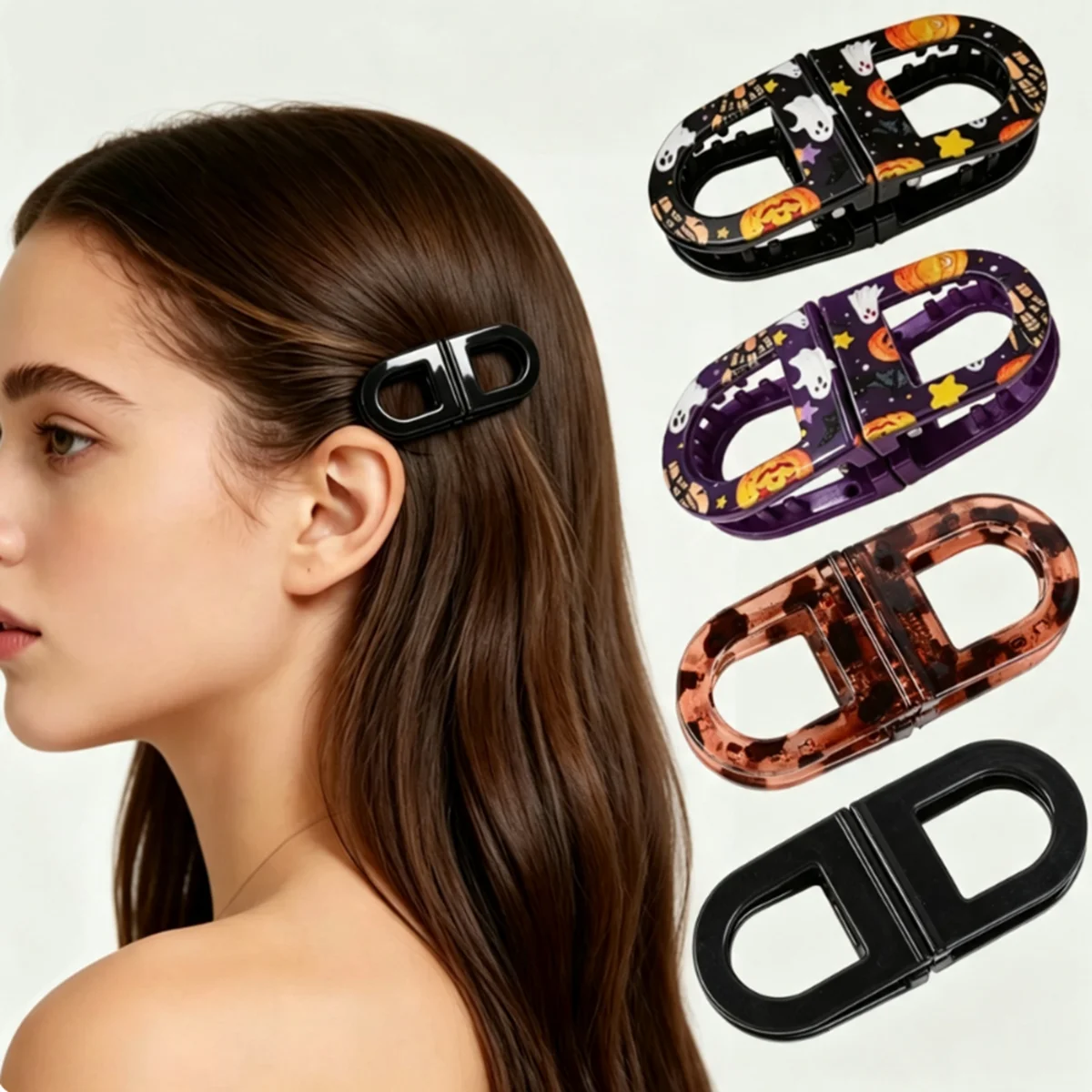 Halloween Print Plastic Hair Side Clips, Hollow Double D Shape Barrettes, Non‑slip Decor Hair Accessories for Women Girls Party