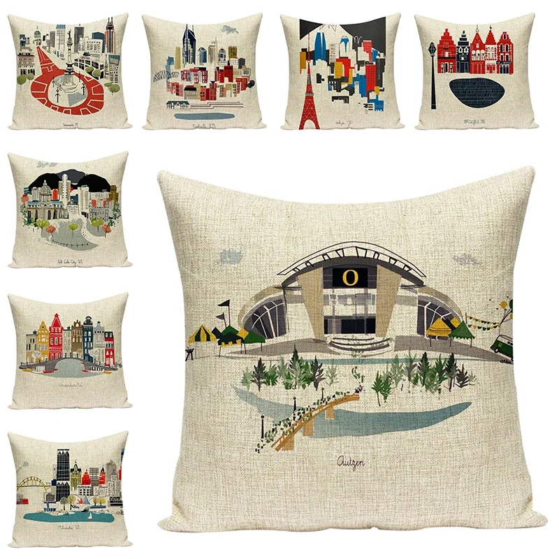 World-Famous building Printed Cushion Covers Cotton Linen Decorative City Pillowcases Art  Seat sofa Chair Cushions Home Decor