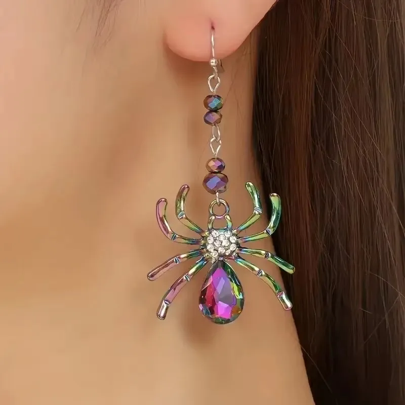 Colorful Spider Design Shiny Artificial Crystal Inlaid Dangle Earrings Party Punk Style Silver Color Jewelry Halloween Earrings