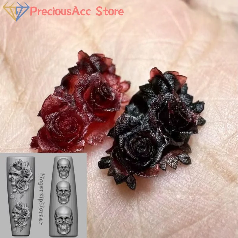 Stampi per nail art in silicone Fiore di rosa Teschio Scheletro fai da te Design a mano Stampo per intaglio trasparente Decorazioni per nail art