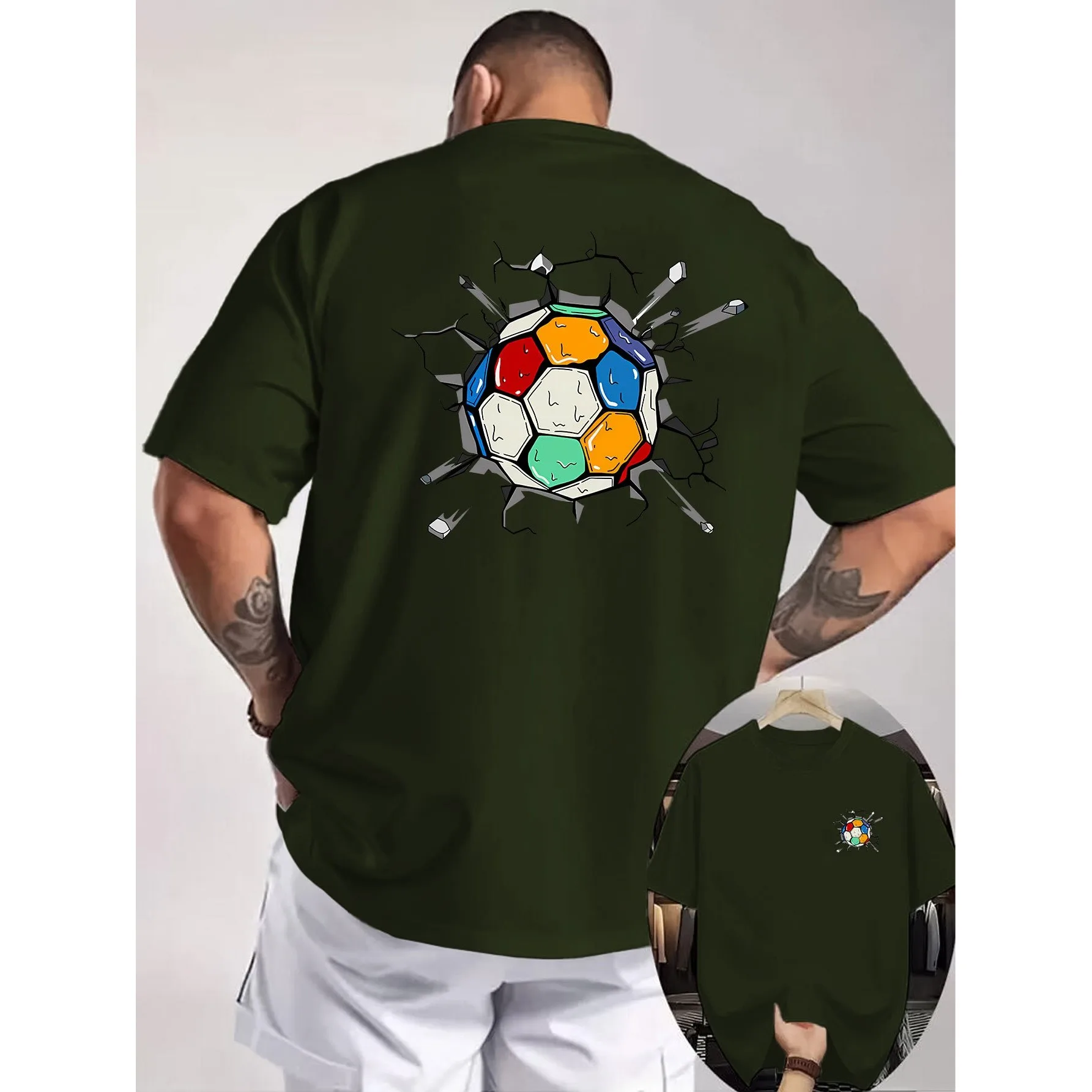 Soccer Broken Wall Graphic Tee Men Sports Enthusiast Round Neck Breathable Cotton T-Shirt