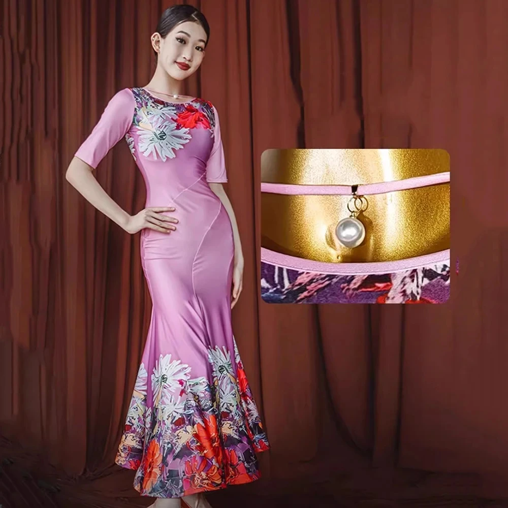 

2023 Modern Dancewear Female Adult Elegant Flower Print Ballroom Dance Dresses Midi Sleeve Foxtrot Women Stage Waltz Long Dress