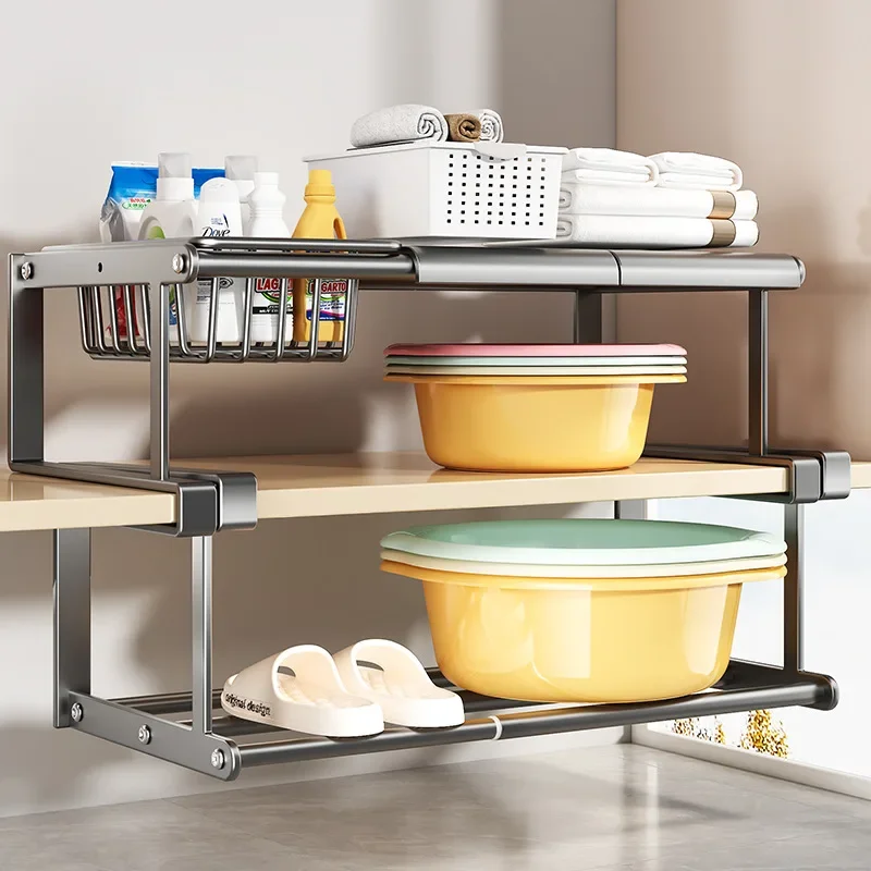 

Modern Multi-functional Carbon Steel Hook Type Non-Folding Storage Rack Rectangular Bathroom Sundries Organizer for Washbasins
