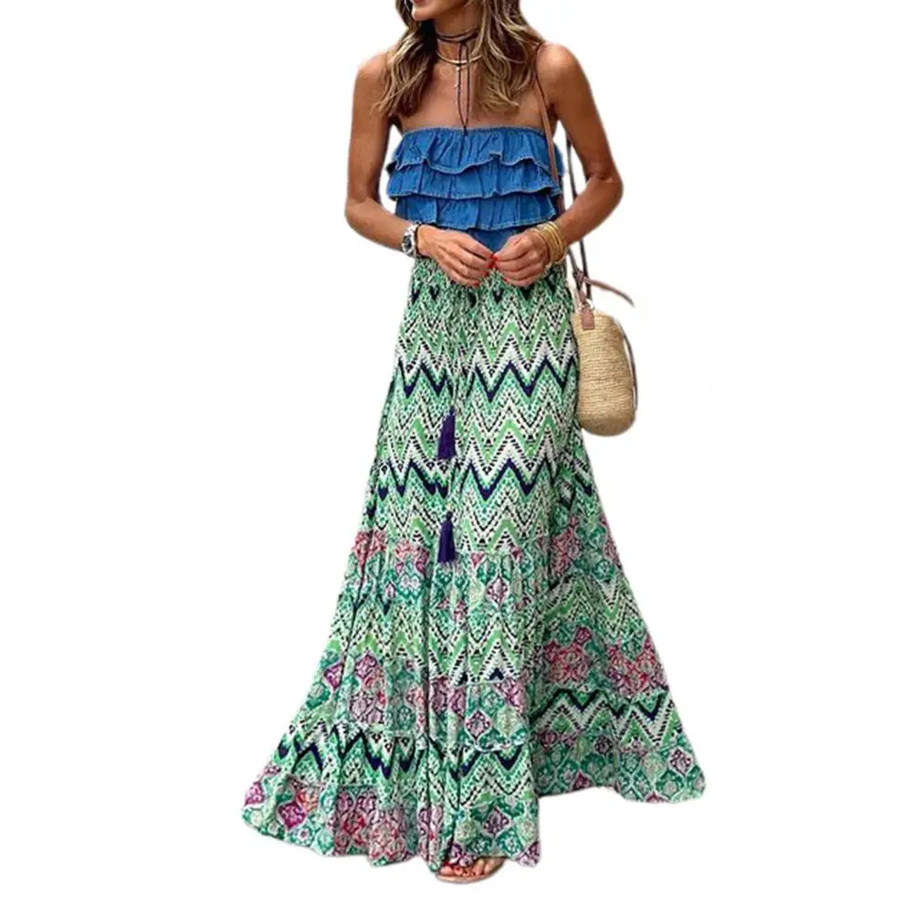 

Women Skirt Drawstring Elastic High Waist A-line Big Swing Print Shirring Patchwork Bohemian Style