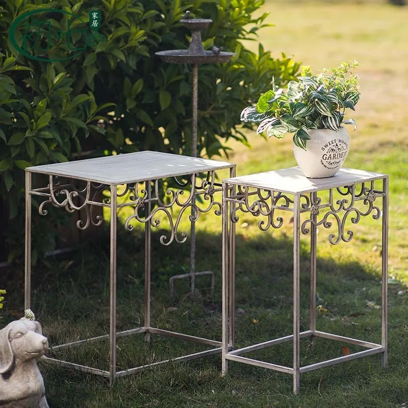 French Romantic Iron Outdoor Side Table Vintage Distressed Small Square Balcony Flower Stand Café Decorative Combo
