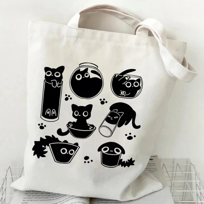 Kawaii Black Cat Graphic Handbags for Women Japanese Style Canvas Tote Bag Cartoon Fashion Shoulder Bag for Women Kitten Bag