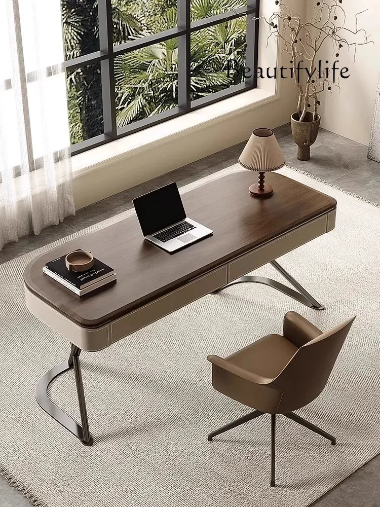 

Italian Minimalist Desk Light Luxury High-Grade Computer Desk Bedroom and Household Writing Desk Walnut