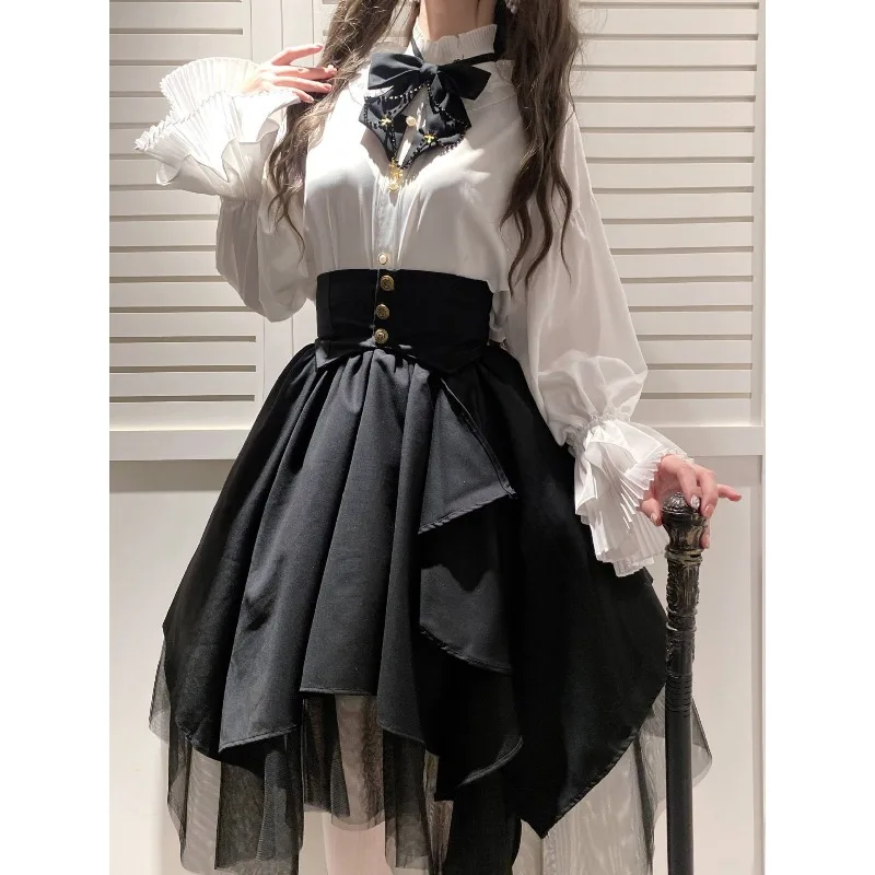 

Gothic Irregular Mesh Mid-Length Skirts Japanese Style Cosplay Costume Bow Tie Shirt Skirts Suit for Women Girls Harajuku Lolita