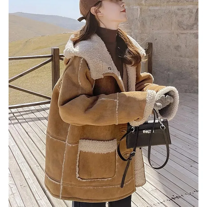 Winter Female Suede Velvet Lamb Wool Tops Ladies Medium Long Styles Hooded Jacket Women Long Sleeves Lntegrated Fur Leather Coat