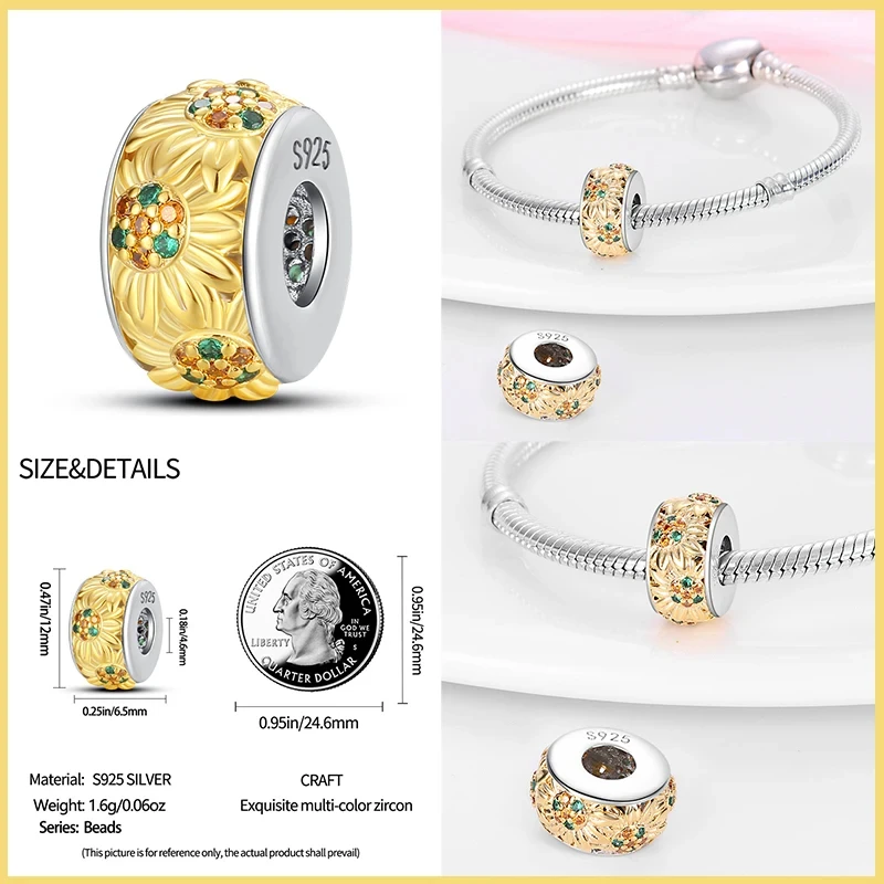 New 925 Sterling Silver Fashion Golden Sunflowers Heart Charms Beads Fit Pandora 925 Original Bracelets Luxury Party DIY Jewelry