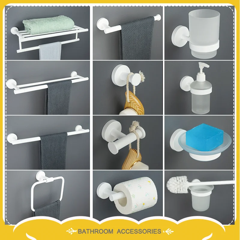 

Stainless Steel Bath Towel Holder Ring Single Double Rod Clothes Hook Paper Soap Dispenser Dish Toilet Brush Set White