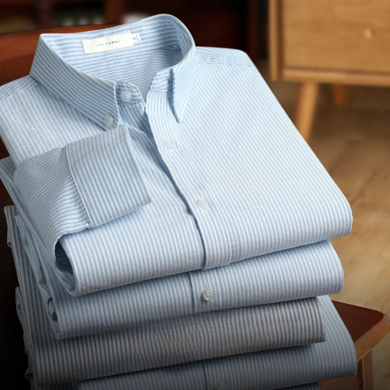 

DAVIDSHAO High Quality EU US Size Heavyweight Pure Cotton Striped Long Sleeve Shirt for Men Spring Office Daily Business Shirt