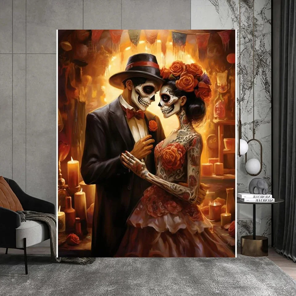 Gothic Art DIY Diamond Embroidery Skull Couple 5D Cross Stitch Diamond Painting Rhinestone Full Diamond Mosaic Decor Lover Gift