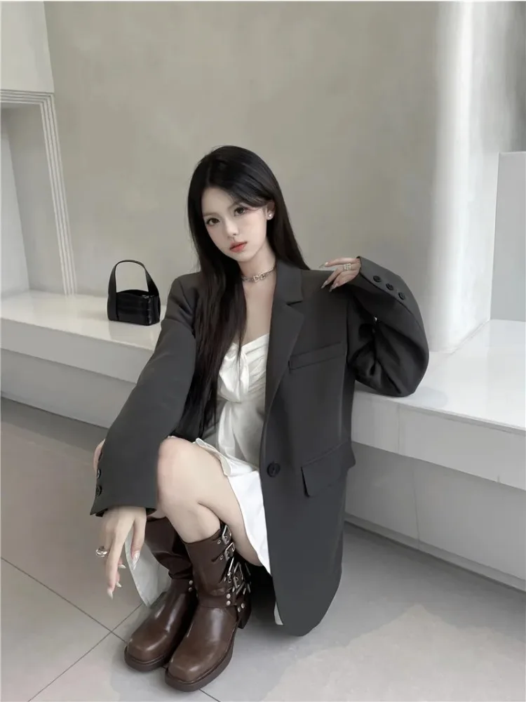 

Insozkdg New Spring Autumn High-end Design Women's Gray Casual Small Suit Jacket One Button Office Lady Blazer Top Women Outwear