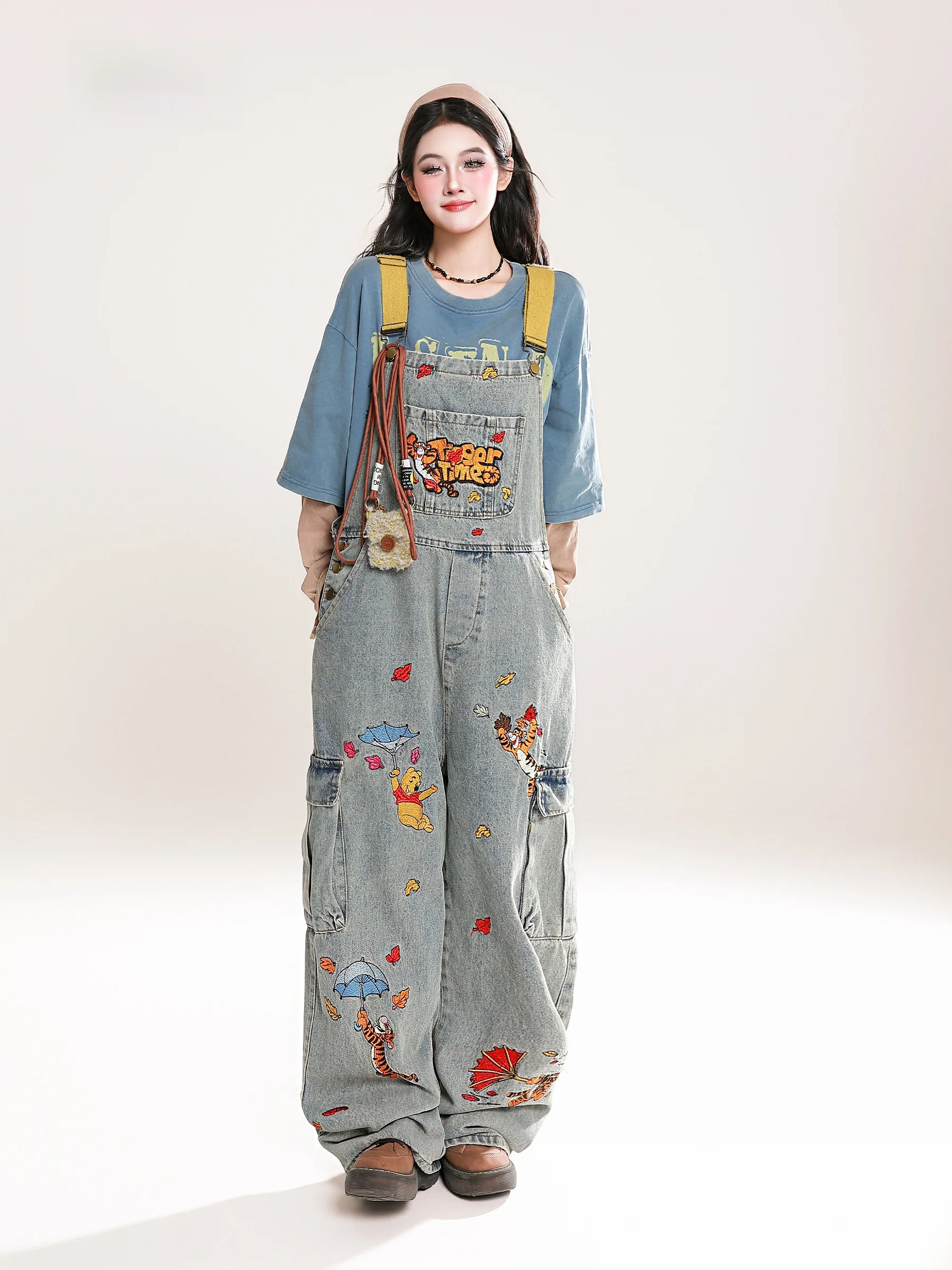 

Джинсовые комбинезоны с завышенной талией, женские прямые брюки с высокой талией, повседневные хлопковые широкие брюки с вышивкой, осенняя мода, Гонконг Sle