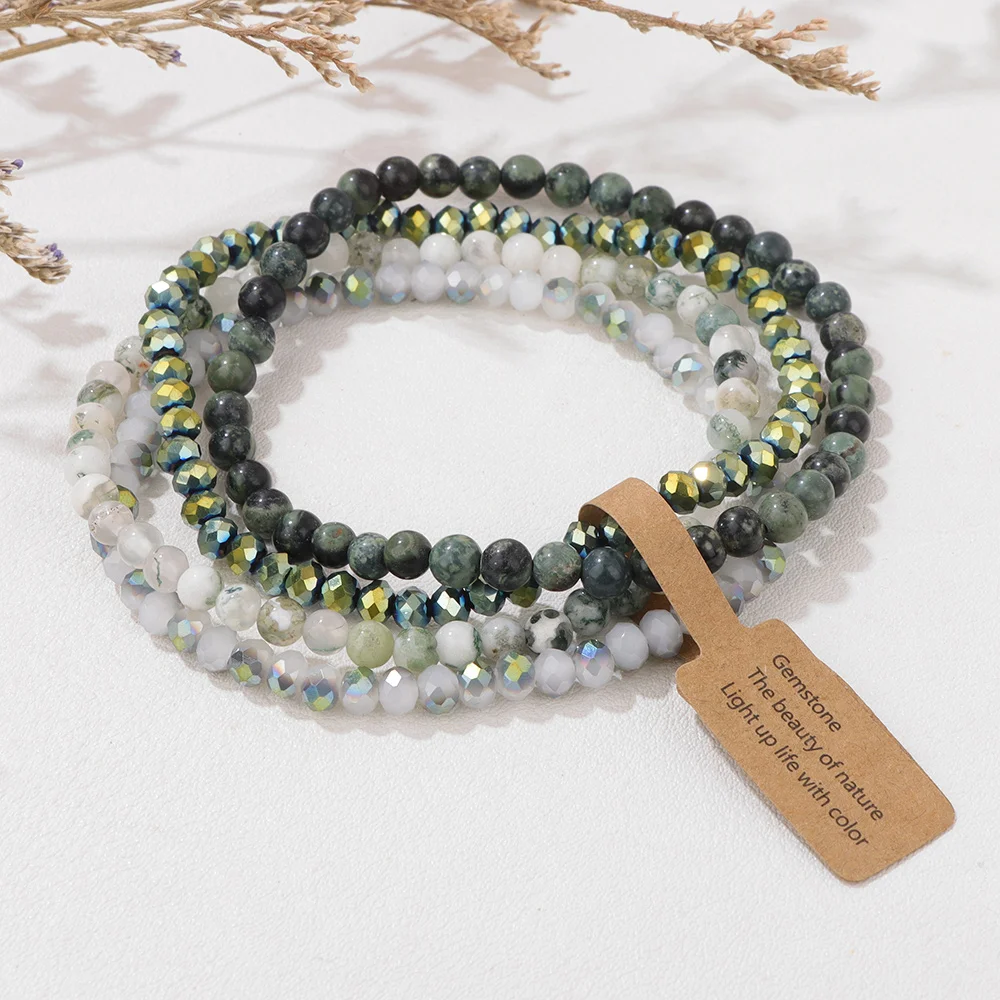 4-layer stone glass bead bead elastic rope bracelet 4MM bead multi-layer bracelet set jewelry gift