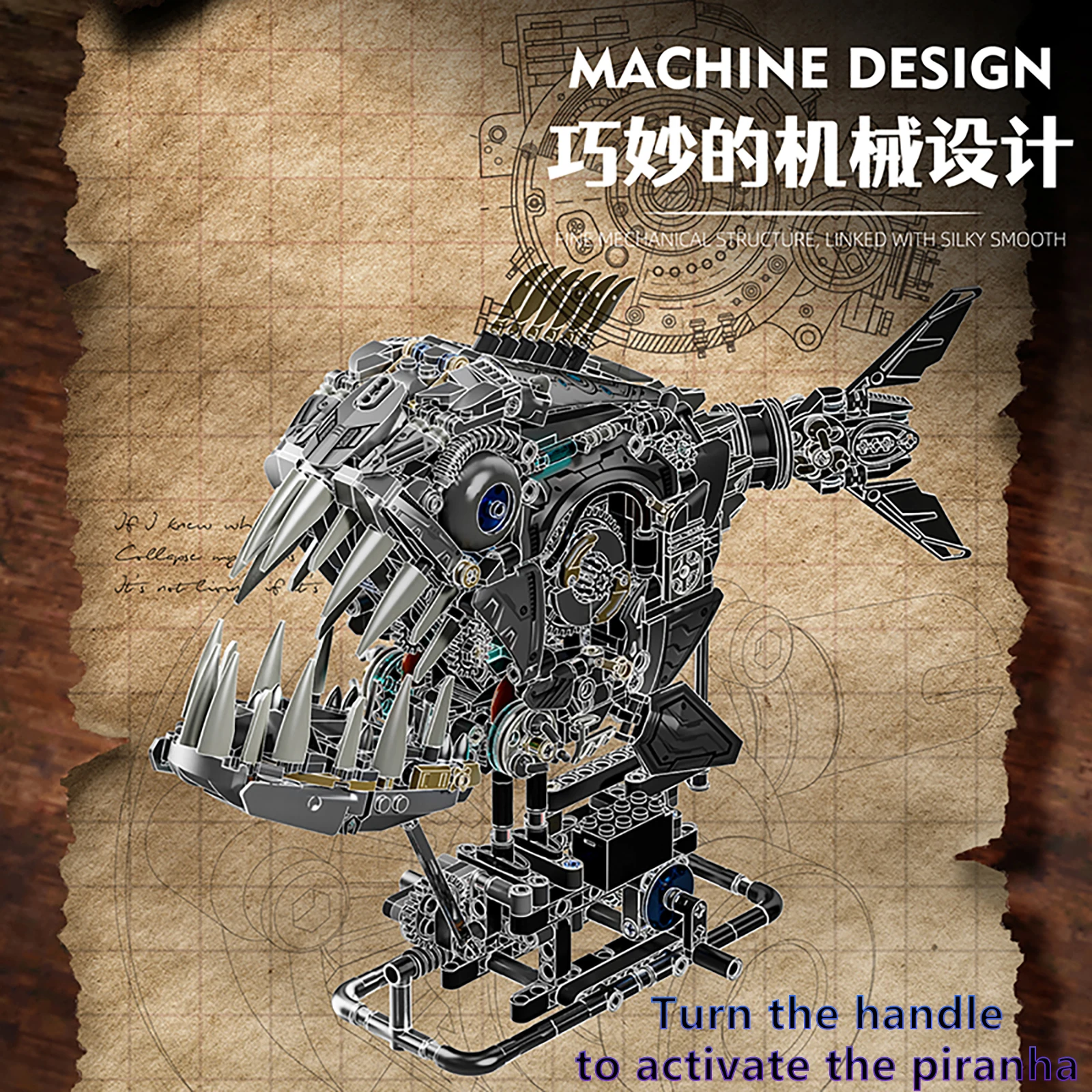 1085 قطعة الجذعية الإبداعية الميكانيكية سمكة البيرانا مع ضوء اللبنات الطوب محاكاة البحر الحيوان الأسماك نموذج التجمع لعبة طفل هدية