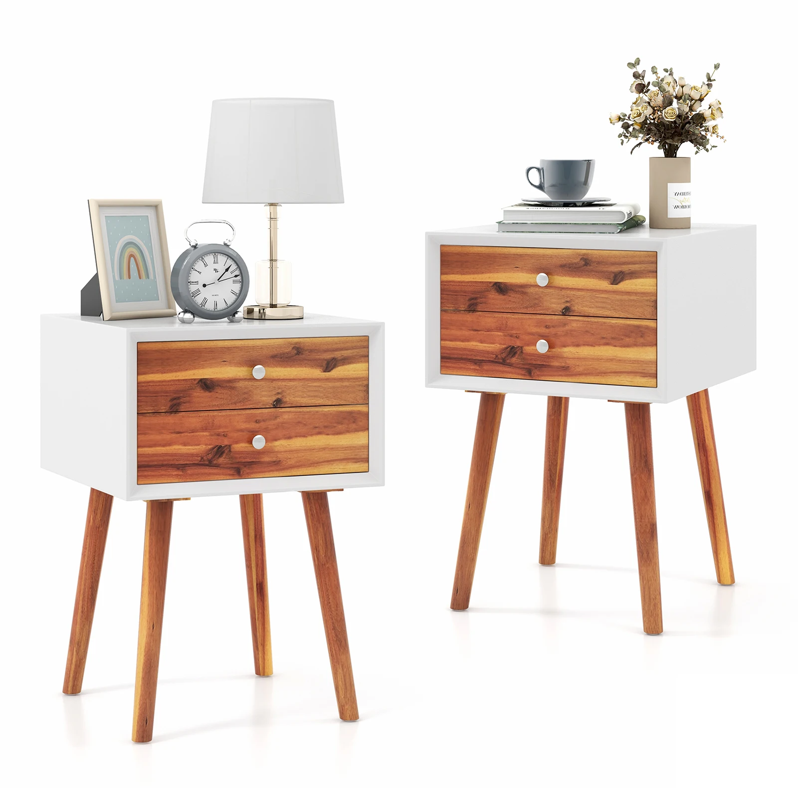 2PCS 2-drawer Nightstand Multifunctional Bedside Storage Table Wooden Bedroom