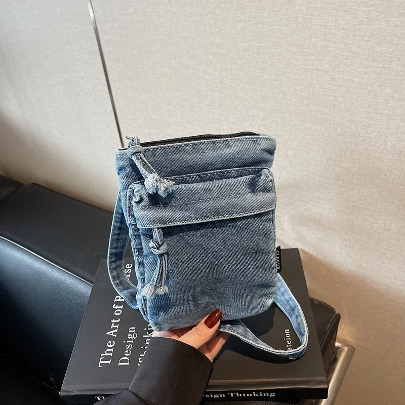 

Повседневные джинсовые универсальные сумки через плечо на молнии, 2025 г., высококачественные портативные модные швейные сумки с текстурой ниток для мобильных телефонов