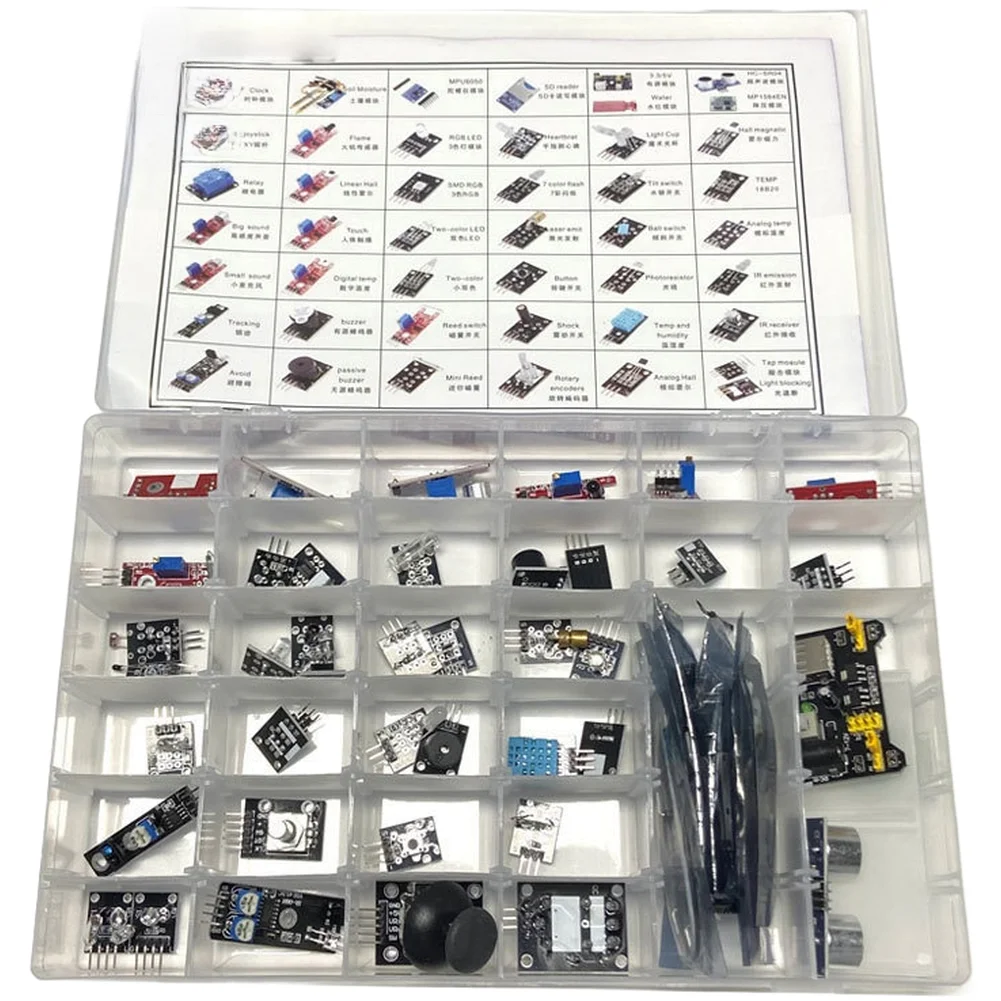 37/45 Sensor Kit for Arduino with 5V Power Adapter Plastic Box Suitable for School Lab Hobby and Robotics Applications