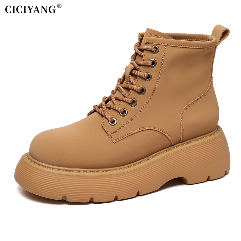 

CICIYANG Women Marton Boots Genuine Leather Fashion 2025 Autumn New Ladies Platform High Top Lace Up Booties Classic Yellow Boot