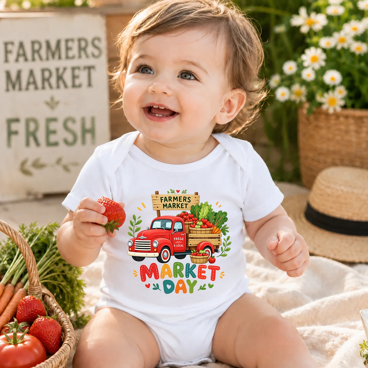 Farmers Market Day Baby Onesie Vintage Truck Fruit Vegetable Print Short Sleeve Bodysuit Unisex Newborn Summer Romper