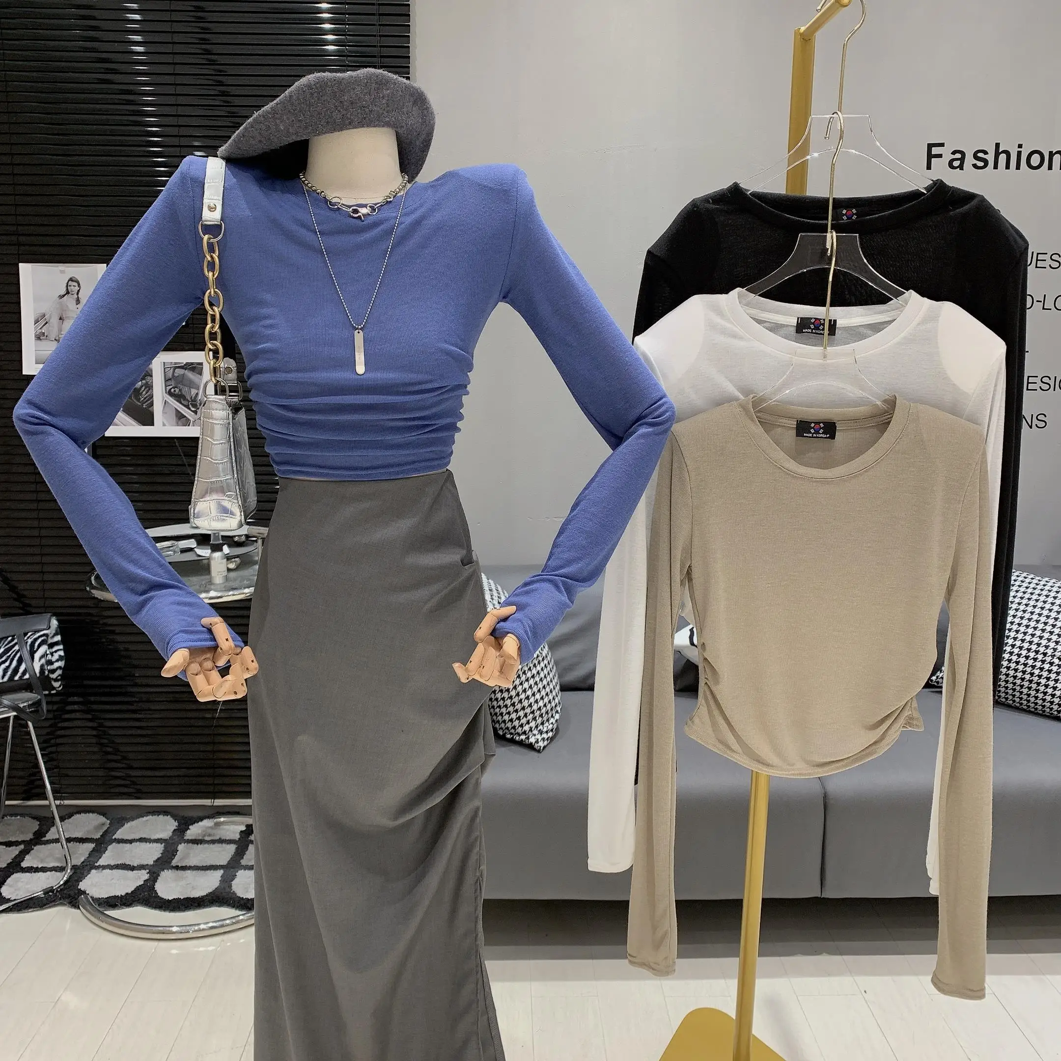 

Summer Slim Fit Padded Shoulder Tshirt Women's Casual Fashion Long Sleeve Top Stylish Blue Shirts