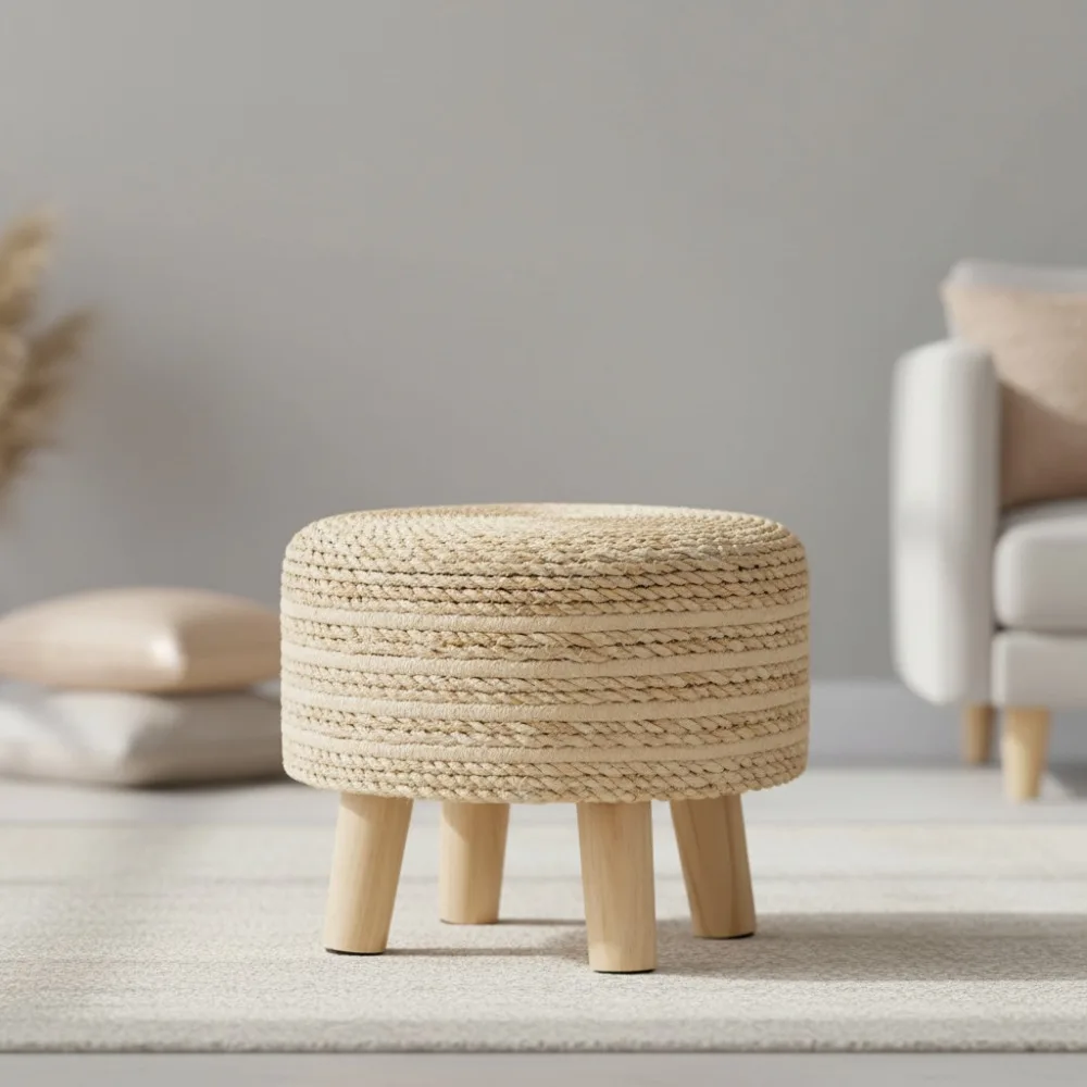 

Handwoven Seagrass Ottoman Footstool with Wood Legs, Multi-Purpose Pouf for Living Room & Garden