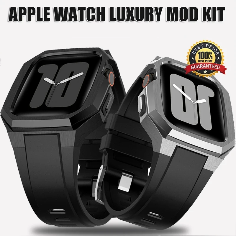 Correas de Goma de Lujo para Apple Watch, Kit de Modificación de Caja de Acero Inoxidable, Serie 8 7 6 5 4 SE 44 45 46 49 mm, Funda y Correa para Reloj