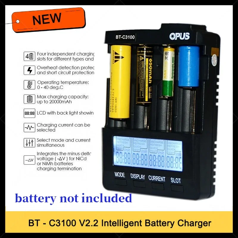 Carregador de Bateria Inteligente Digital Slots aa Aaa Lcd 18650 Bt-c3100 V2.2 Novo Opus-bt-c3100 V2.2