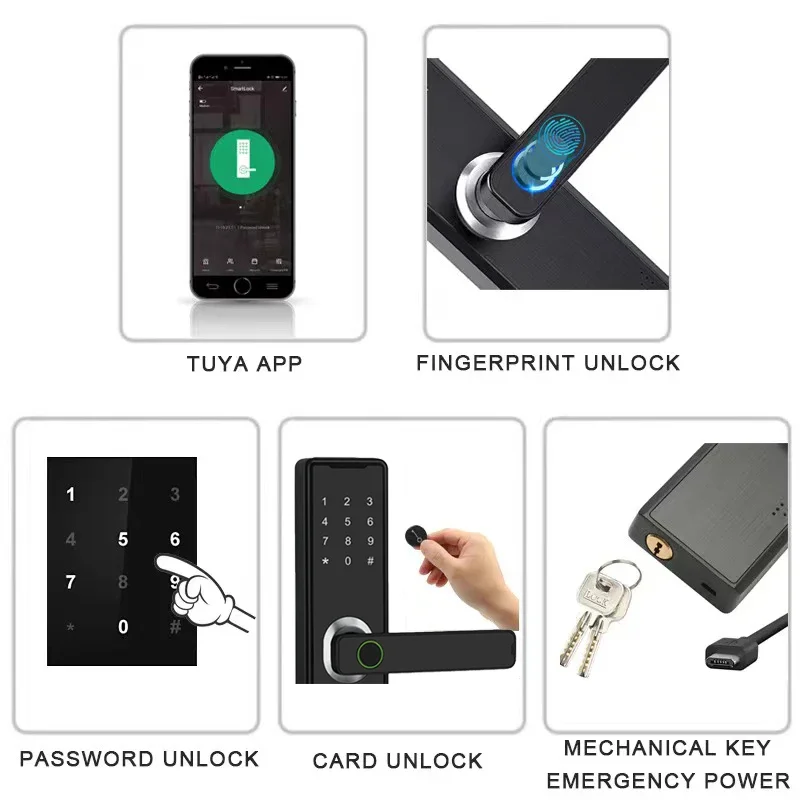 Support 8 Languages Tuya App Control Fingerprint Lock Smart Door Lock For 150 Users Capacity Household