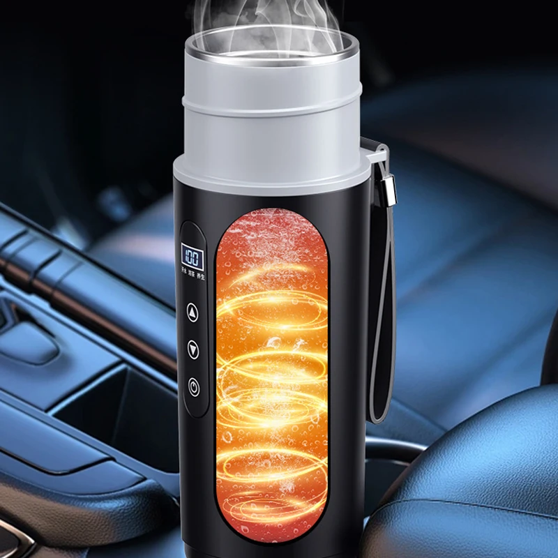 500ml Car Heating Cup 12V/24V Electric Kettle with Temperature Display Three Modes Stainless Steel Travel Heating Thermal Mug