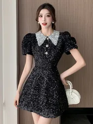 Princess Luxury Studded Drill Lapel Slim Black Mini Dress for Women Shinny Sequin Bubble Sleeve Short Dress Women Summer New