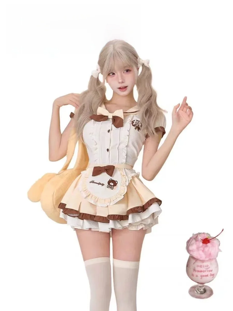 

Cute Yellow Bubble Sleeve Shirt with Bowtie Apron Soft Girl Style Short Sleeve Polyester Fabric Zipper Closure Summer Fashion...