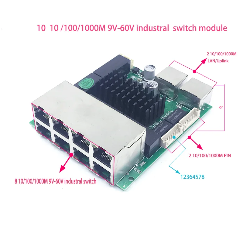 1000M switch Unmanaged 10port 10/100/1000M 9V-60V 8 1000M port with 2 1000M NVR UPLINK industrial  module PCBA board OEM Ports