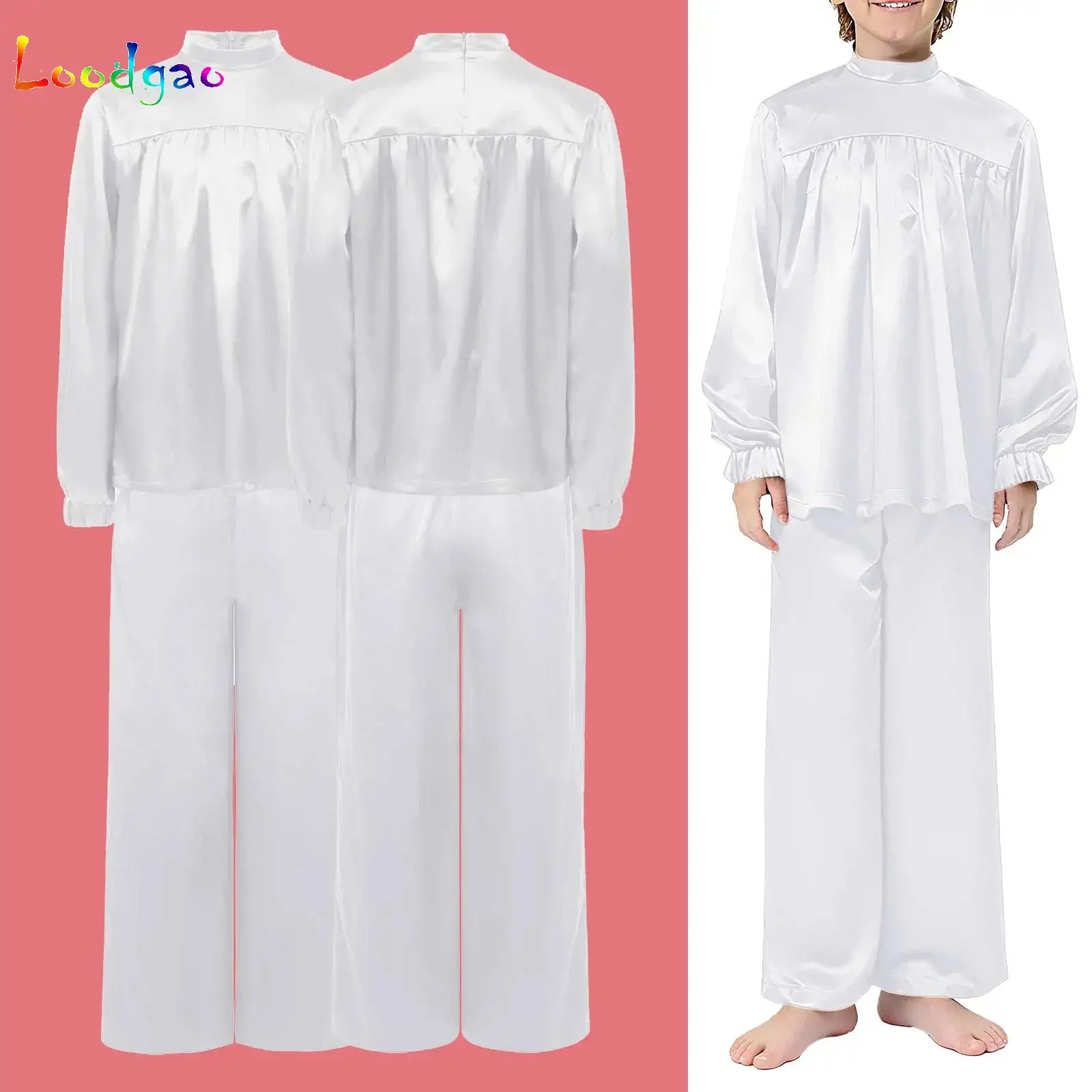 

Kids Boys Church Choir Worship Performance Costume Liturgical Praise Lyrical Dance Dancewear Metallic Tunic Top with Pants Set