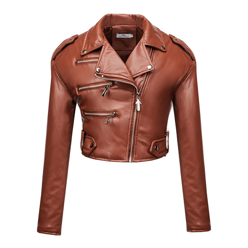 2025 Streetwear Leather Jacket Women's Short Coat High-waisted Slim Inclined Zipper-up Casual Motorcycle Outerwear Autumn Winter